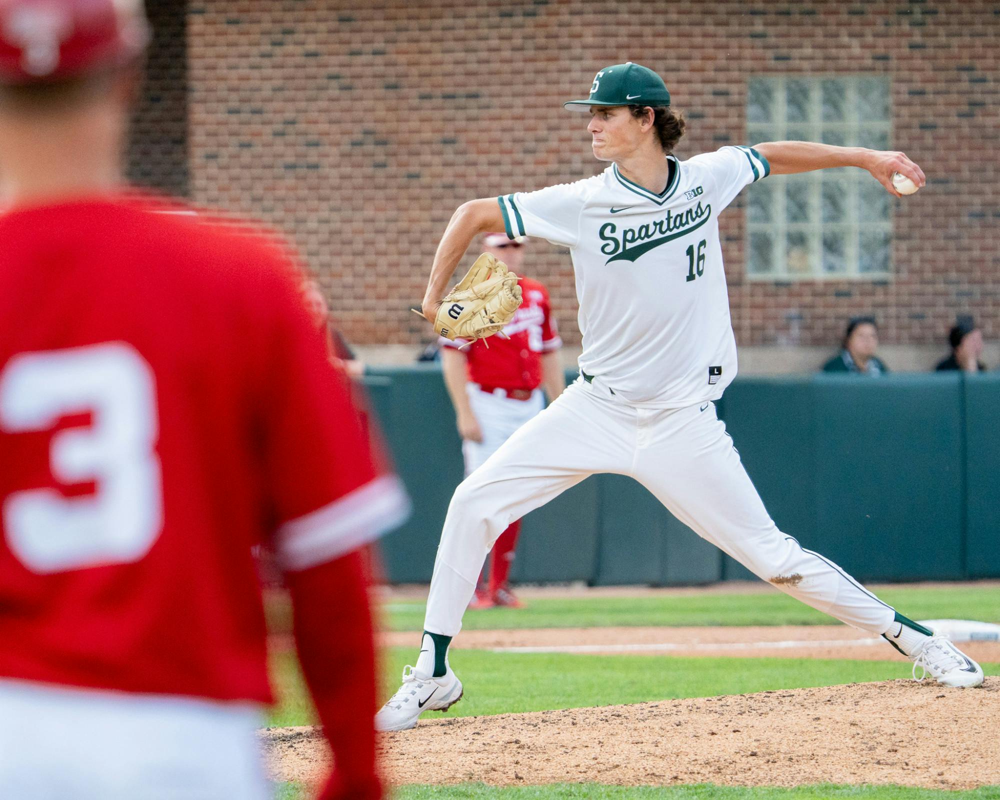 Sophomore left-handed pitcher Joseph Dzierwa (16) throwing a pitch during a game against University of Nebraska at McLane Stadium on May 17, 2024. Despite earning 11 strikeouts, Dzierwa gave up 5 runs in 7 innings on his way to a loss against the Corn Huskers.