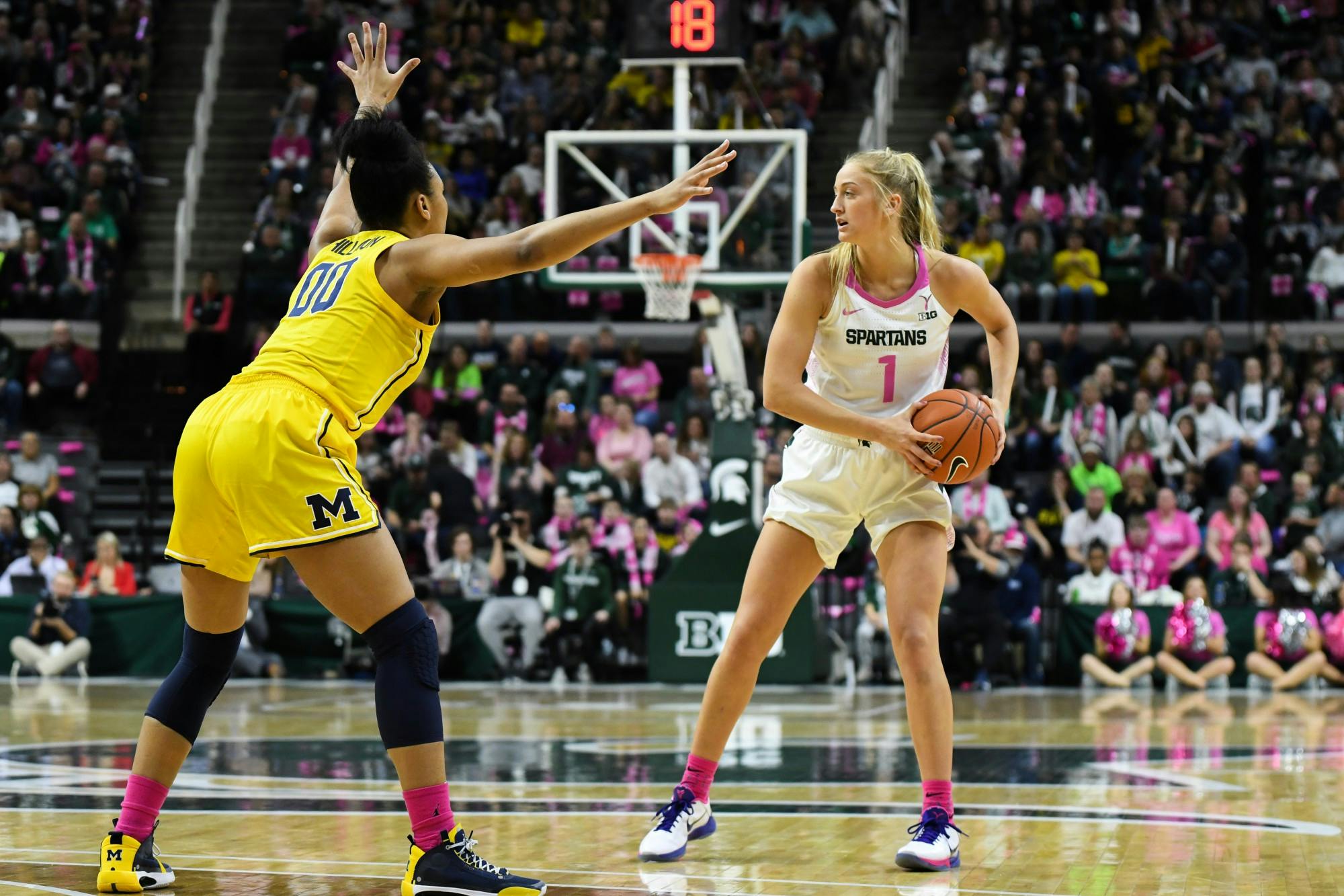 <p>Sophomore guard Tory Ozment (1) looks to pass during the women&#x27;s basketball game against Michigan at the Breslin Center on Feb. 23, 2020. The Spartans fell to the Wolverines 65-57. </p>