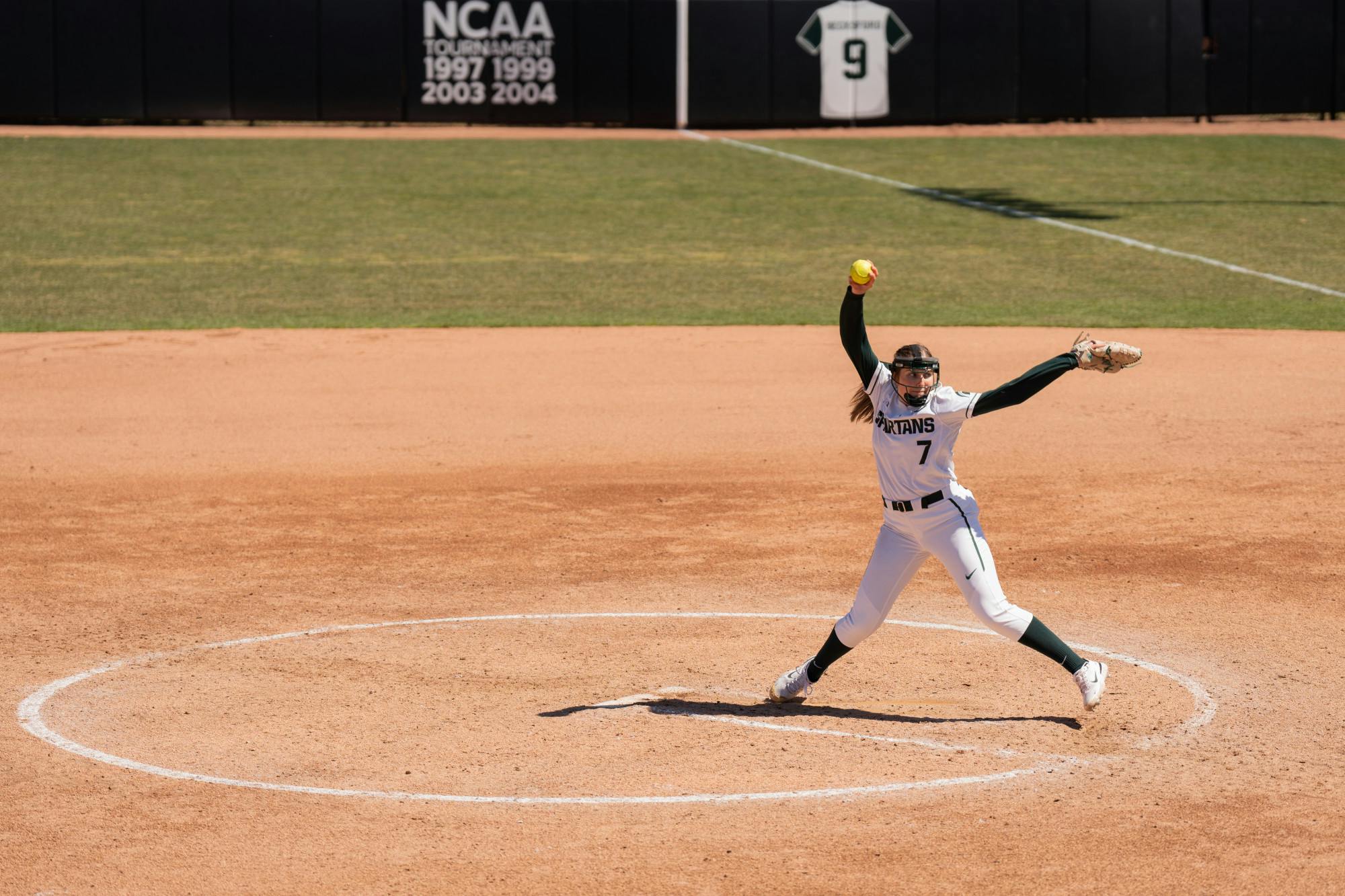 <p>Sophomore pitcher Ashley Miller (7) throws the ball against Nebraska. MSU fell to Nebraska 7-5 in the first game of a doubleheader on April 10, 2022.</p>