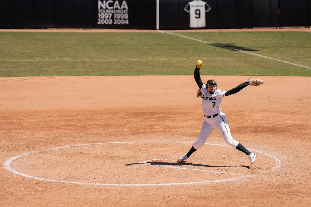 <p>Sophomore pitcher Ashley Miller (7) throws the ball against Nebraska. MSU fell to Nebraska 7-5 in the first game of a doubleheader on April 10, 2022.</p>