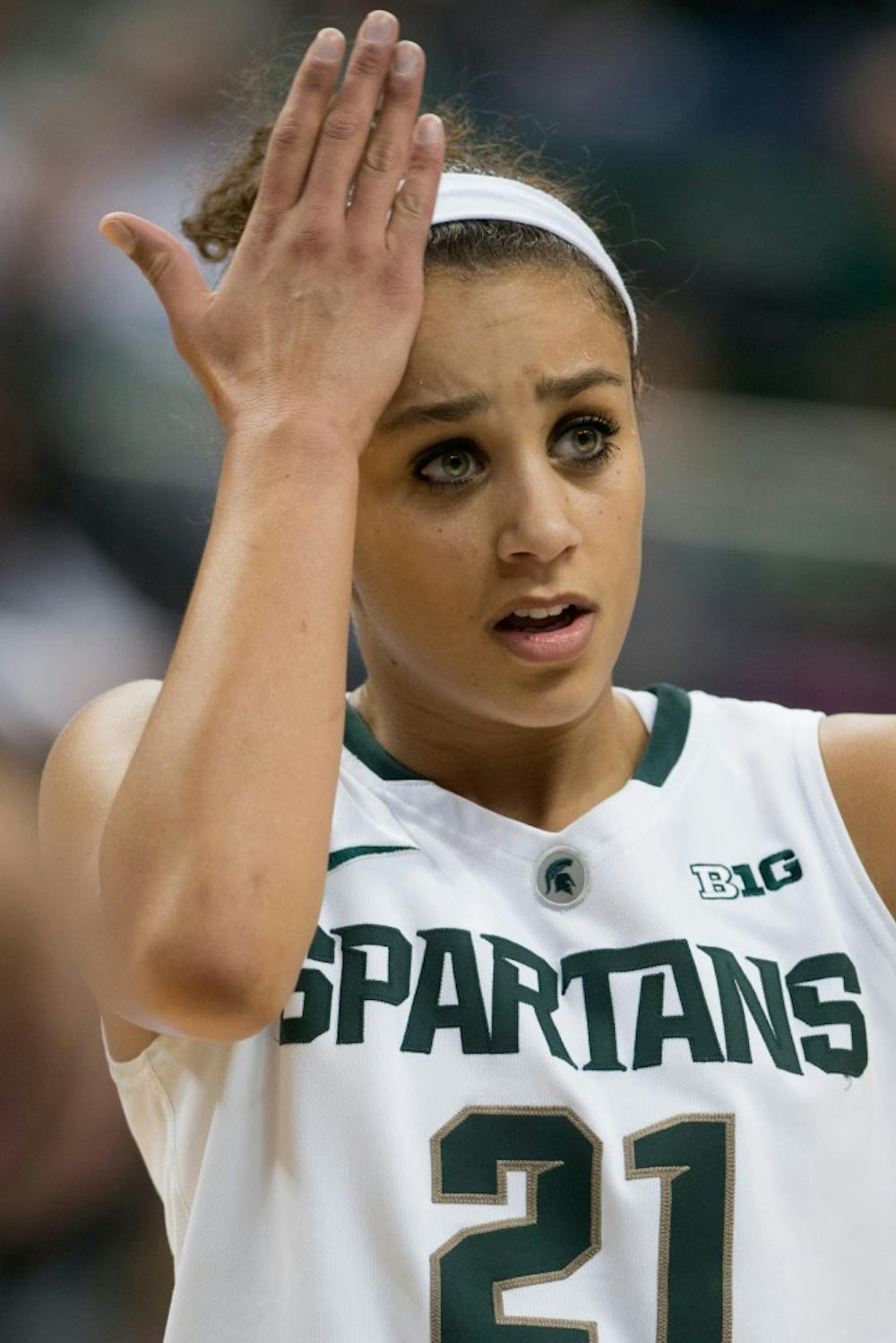 	<p>Senior guard Klarissa Bell talks to her teammates during a Penn State free throw Jan. 19, 2014, at Breslin Center. The Spartans lost, 66-54. Julia Nagy/The State News </p>