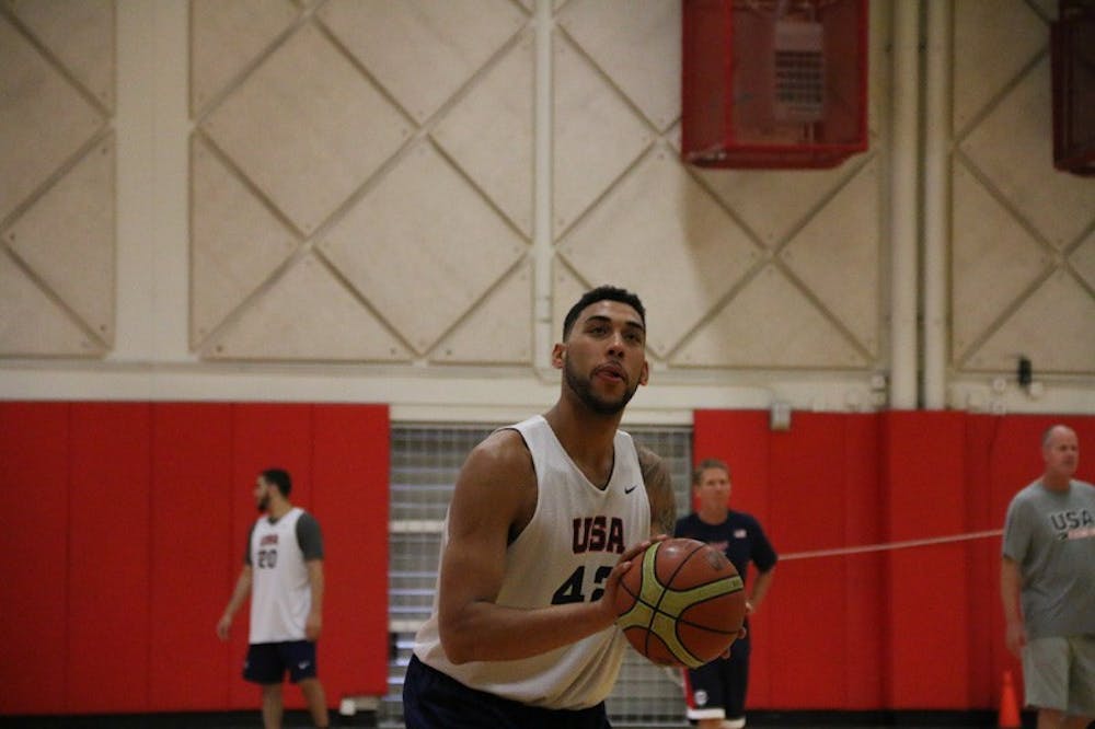 <p>Senior guard Denzel Valentine at training camp for the U.S. Pan American Games Men's Basketball Team. Photo courtesy of USA Basketball.</p>