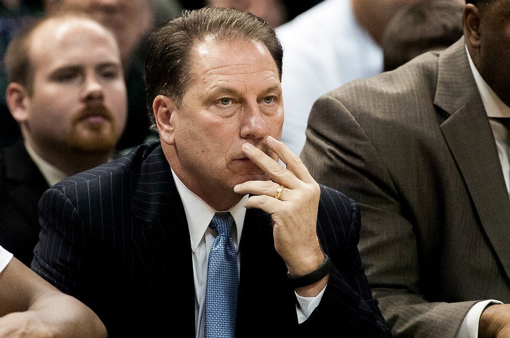 	<p>Michigan State head coach Tom Izzo watches the game against Louisiana-Lafayette on Sunday, Nov. 25, 2012, at Breslin Center. The Spartans narrowly defeated the Ragin&#8217; Cajuns by three points. Katie Stiefel/ State News</p>