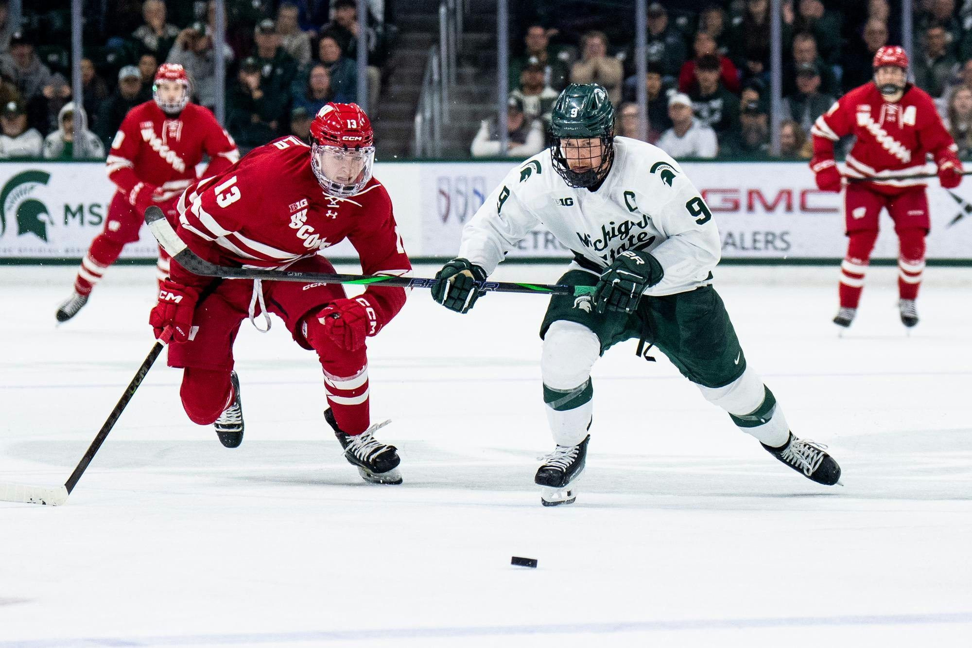 <p>Wisconsin forward Christian Fitzgerald (13) and Michigan State defenseman Matt Basgall (9) chase after the puck during a game between Michigan State and Wisconsin at Munn Ice Arena in East Lansing, Mich., on Saturday, Nov. 22, 2025.</p>