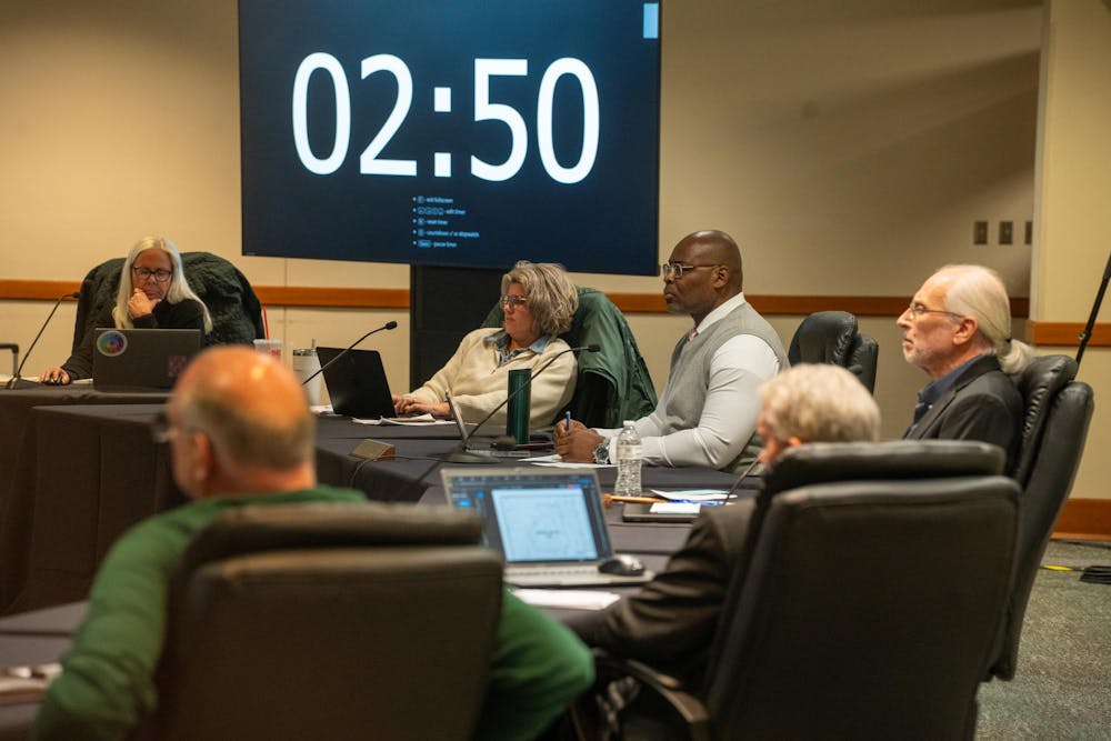 <p>The East Lansing City Council members listen to public comment during a meeting at the Hannah Community Center in East Lansing, Michigan, on March 17, 2026.</p>