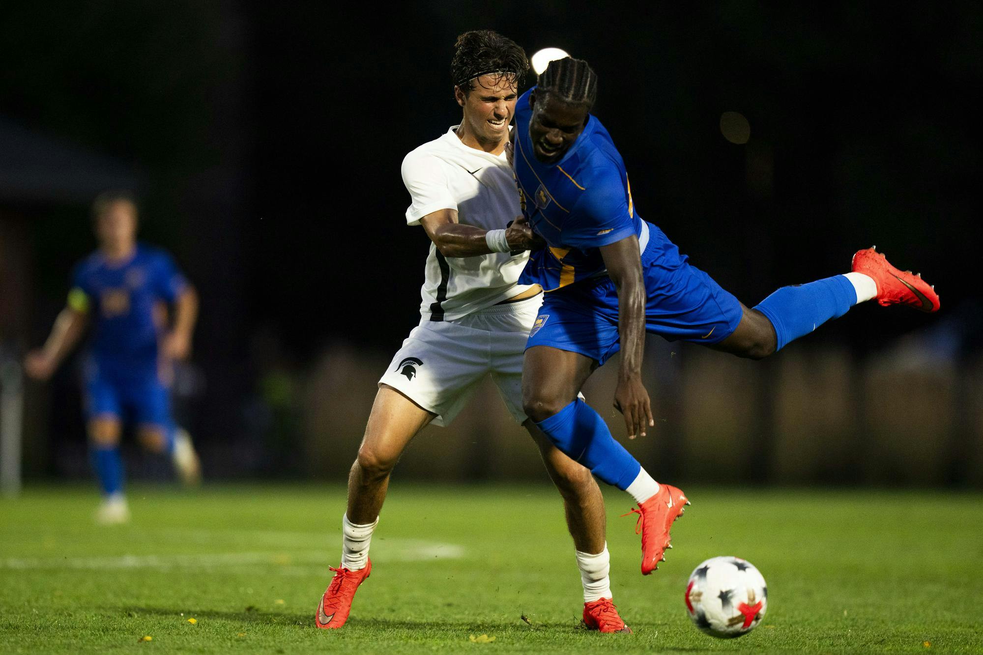 <p>Michigan State senior defender Will Eby (2) and Pitt junior defender Cannon Scretchen (22) collide while contesting the ball at DeMartin Stadium in East Lansing, Mich., on Sept. 3, 2026.</p>