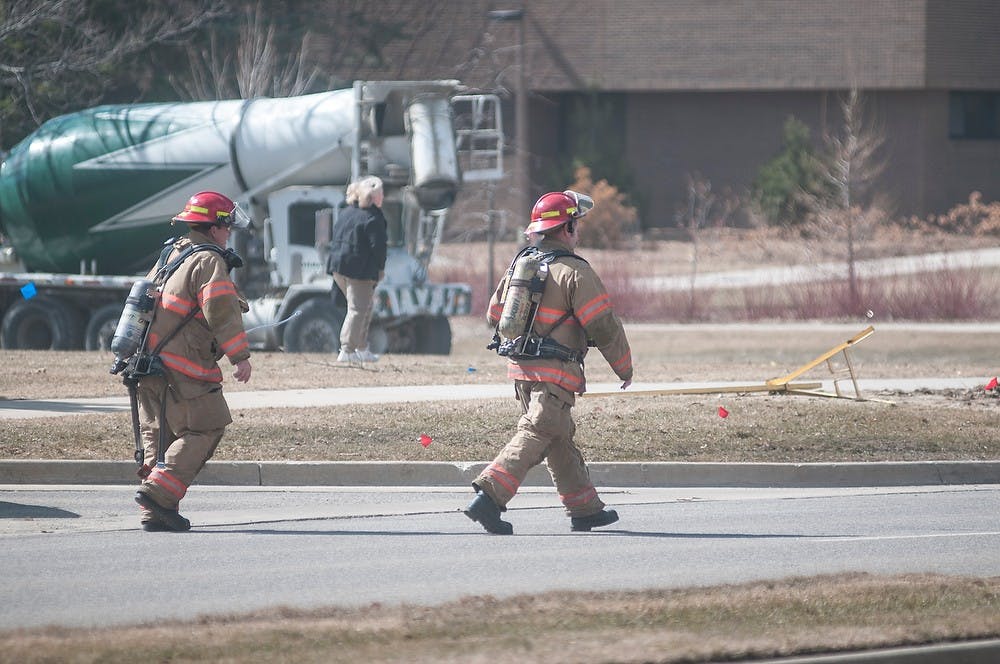 <p>Firefighters arrive Mar. 18, 2015 at the Veterinary Medicine Center on 736 Wilson Rd. A natural gas leak was confirmed.</p>