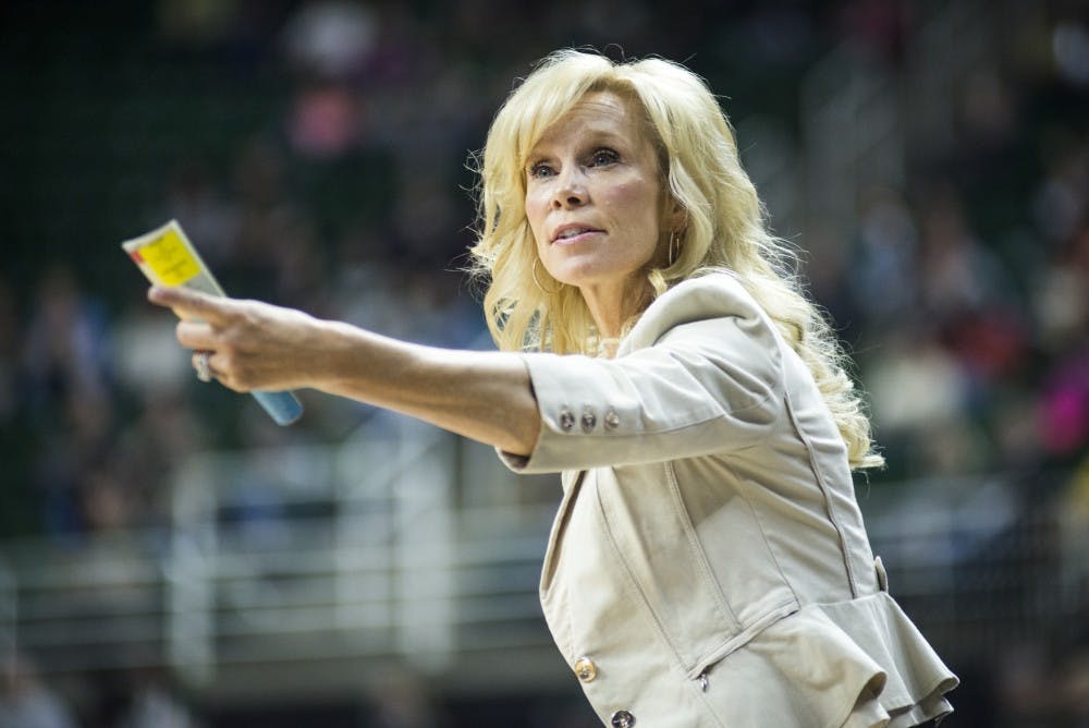 Head coach Suzy Merchant expresses emotion during the third quarter of the women's basketball game against Pennsylvania State University on Feb. 22, 2017 at Breslin Center. The Spartans defeated the Nittany Lions, 73-64.