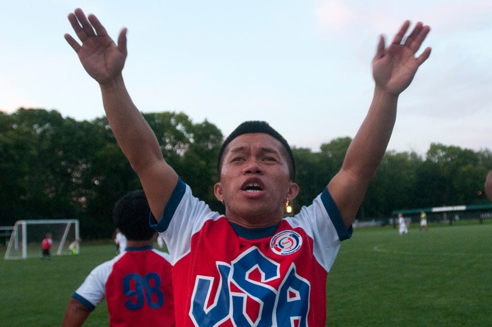 	<p>Holt, Fla., resident Jordan Rafael celebrates after beating Great Britain August 8, 2013, during the World Dwarf Games at DeMartin Soccer Stadium. <span class="caps">USA</span> won the game 4-2. Weston Brooks/The State News</p>