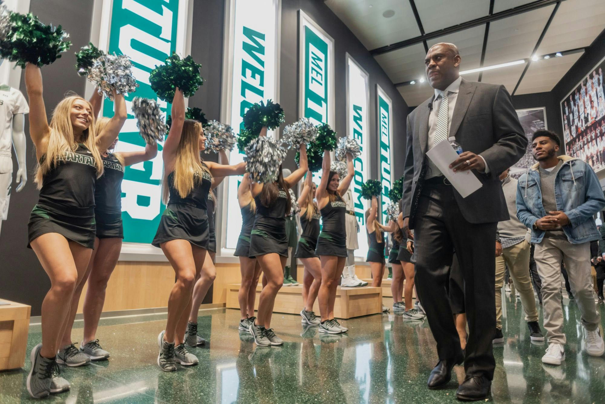 <p>New head football coach Mel Tucker arrives at his introductory press conference at the Breslin Student Events Center on Feb. 12, 2020.</p>