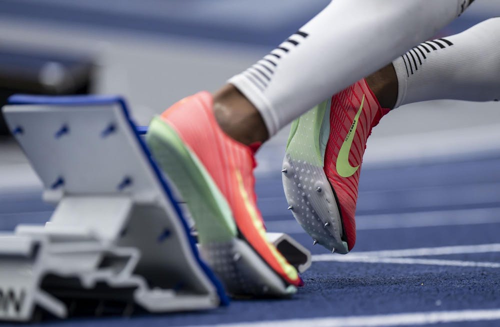 <p>A sprinter launches off of the starting block at the Silverston Invitational track and field competition held in Ann Arbor, Mich. on Feb. 20, 2026.&nbsp;</p>