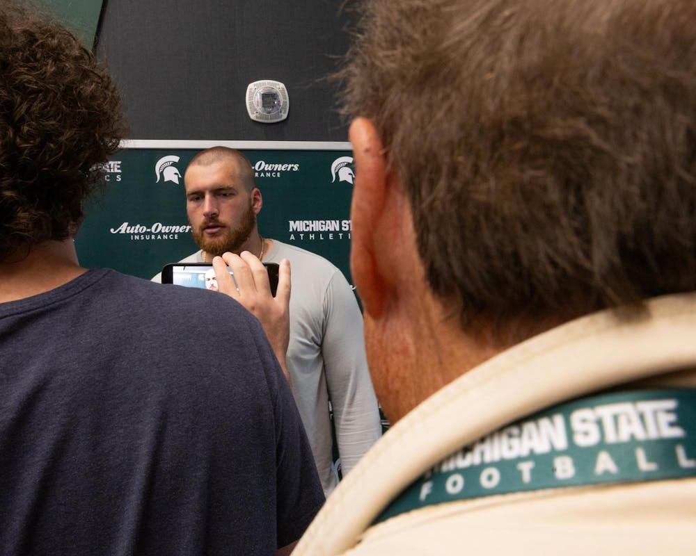 <p>Michigan State OL, Ben Murawski, answers questions during a press conference in the Skandalaris Football building in East Lansing, Mich., on Aug. 6, 2026.</p>