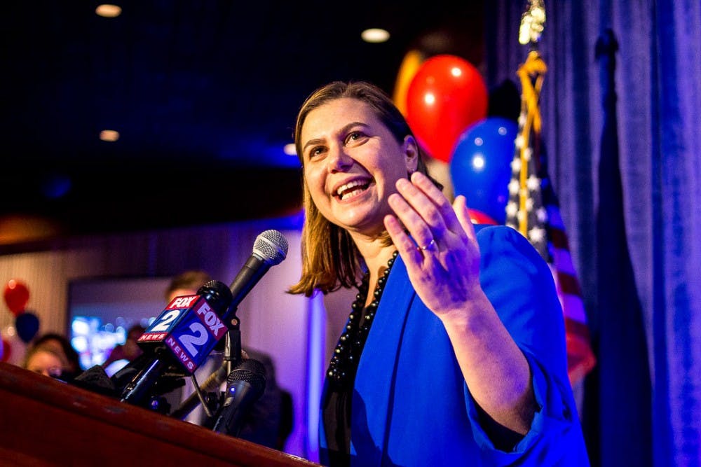 Elissa Slotkin talks to the audience during Michigan Congressional candidate Elissa Slotkin's watch party on Nov. 6, 2018 at the Deer Lake Athletic Club in Clarkston.