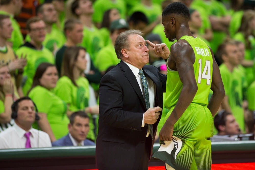 Head coach Tom Izzo talks to junior guard Eron Harris during the  game against Maryland on Jan. 23, 2016 at Breslin Center. The Spartans defeated the Terrapins, 74-65.