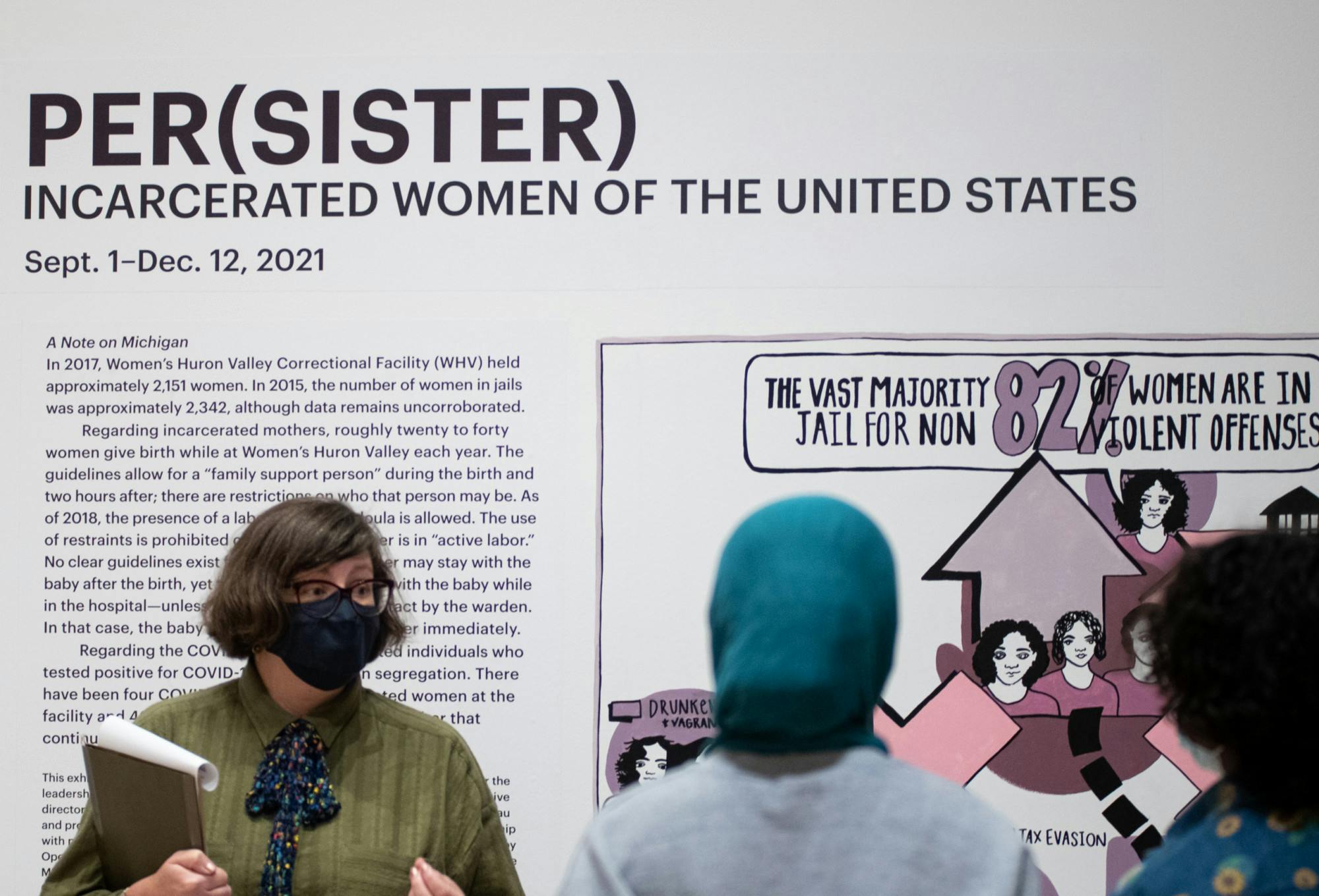 <p>Tour guide Michelle Word explains the Per(sister): Incarcerated Women of the United States exhibit during a guided tour at the Broad Art Museum on Sept. 22, 2021.</p>