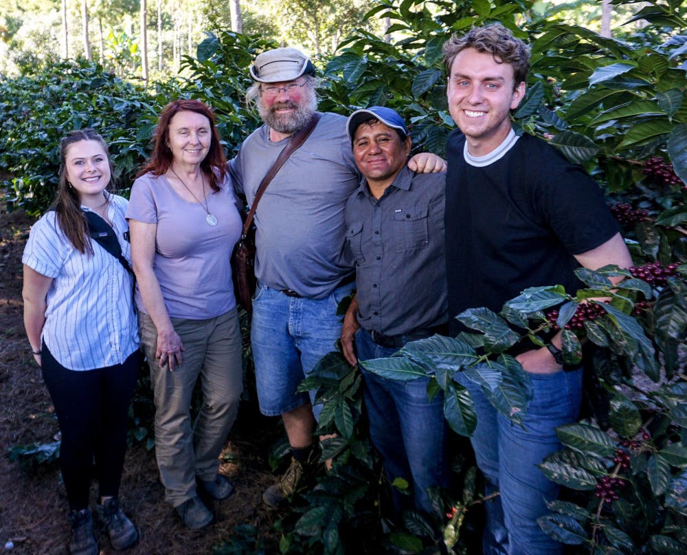 <p>Alumna Morgan Burns, finance professor Paulette Stenzel, Spartan Global Development Fund field partner Franklin Voorhes, Chacaya Coffee Cooperative President Leonzo Vasquez and Spartan Global Development Fund President Scott Lyman on-site in Guatemala Jan. 2019. Photo courtesy of the Radical Coffee Project.&nbsp;</p>