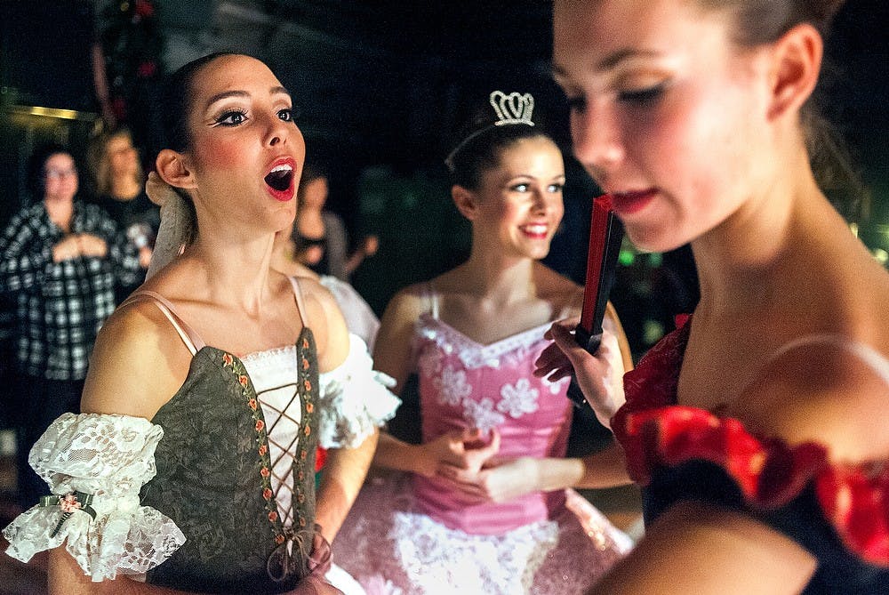 	<p>From left, Jessica Jimenez, talks with her fellow performers, including Abby Lasch and Regan Adair, during &#8220;The Nutcracker&#8221; rehearsal Wednesday, Nov. 21, 2012, at Wharton Center. Justin Wan/The State News</p>