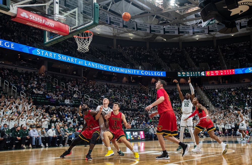 <p>Michigan State&#x27;s sophomore center Mady Sissoko (22) shoots a free throw during Michigan State&#x27;s victory over Ferris State on Oct. 27, 2021.</p>