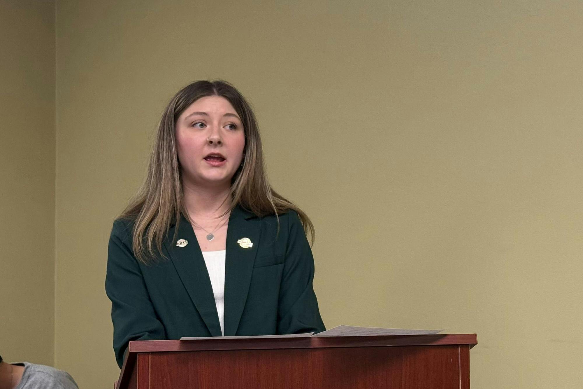 Kathryn Harding speaks to members of the Associated Students of MSU on April 16, 2025.