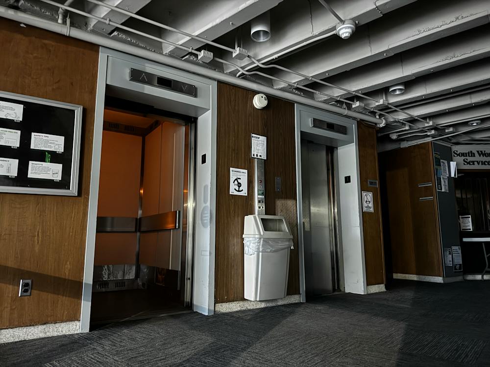 <p>The elevators in North Wonders Hall are stuck open after a campuswide power outage in East Lansing, Mich., on Saturday, Sept. 19, 2026.</p>