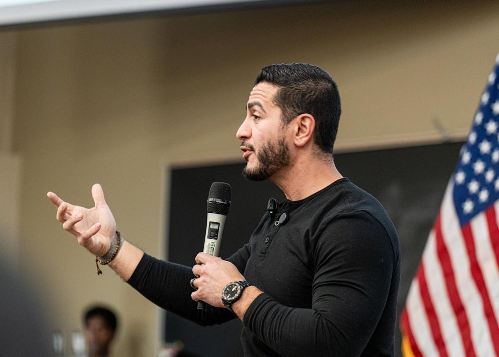Abdul El-Sayed speaks to the crowd at his Michigan State University rally stop in Anthony Hall in East Lansing, MI on April 7, 2026.
