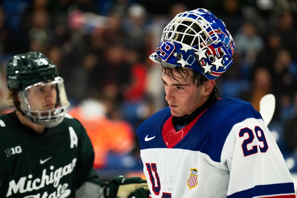 <p>Under-18 U.S. Men's National Team Development Program goaltender Patrick Quinlan (29) reacts to a Michigan State goal at USA Hockey Arena in Plymouth, Michigan on Nov. 21, 2024. In front of a sold out crowd, the Spartans captured a convincing 6-2 victory, showcasing why they deserve their ranking of number two in the nation.</p>