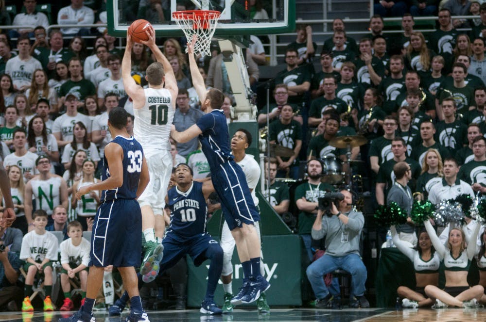 Senior forward Matt Castello shoots a basket during the first half of the game on Feb. 28, 2016 at the Breslin Center.  The Spartans defeated the Nittany Lions 88-57. 