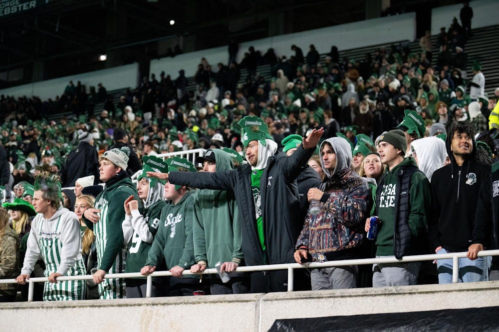 The Michigan State student section protests a touchdown by Purdue on Nov. 22, 2024.