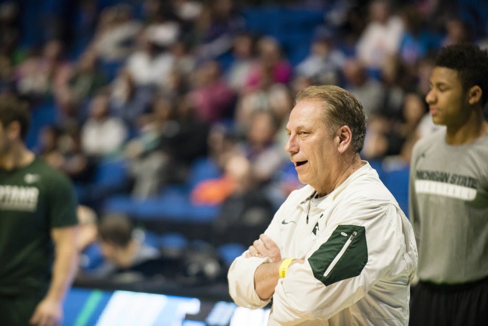 Head coach Tom Izzo reacts during open practice on March 16, 2017 at the BOK Center in Tulsa, Okla.