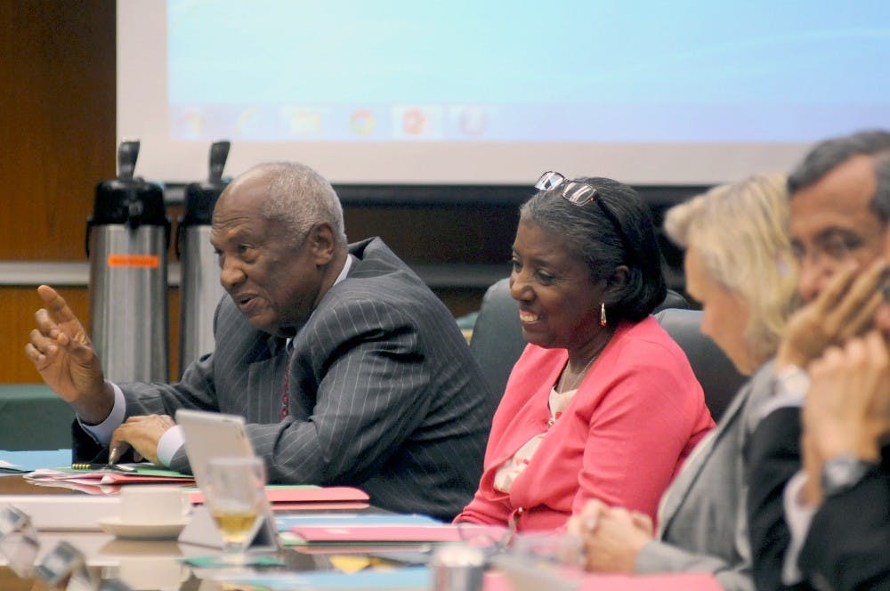 <p>MSU Board of Trustees Chairman Joel Ferguson speaks at the Board of Trustees' meeting June 17, 2015, on the 4th floor of the Hannah Administration Building. Joshua Abraham/The State News</p>