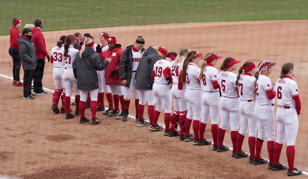 <p>Nebraska gathers and lines up for the national anthem before their game against the Spartans. Spartans lost 6-0 against Nebraska, on April 9, 2022.</p>