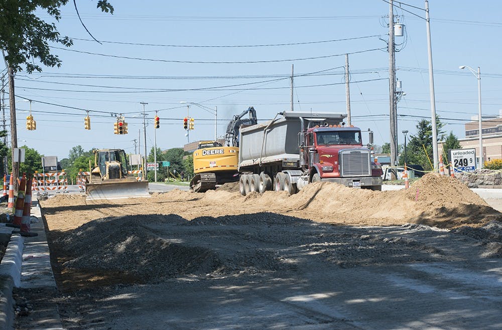 <p>The construction on Abbot Road in East Lansing is working to repair the roads and sidewalks in that area. Catherine Ferland/ The State News</p>