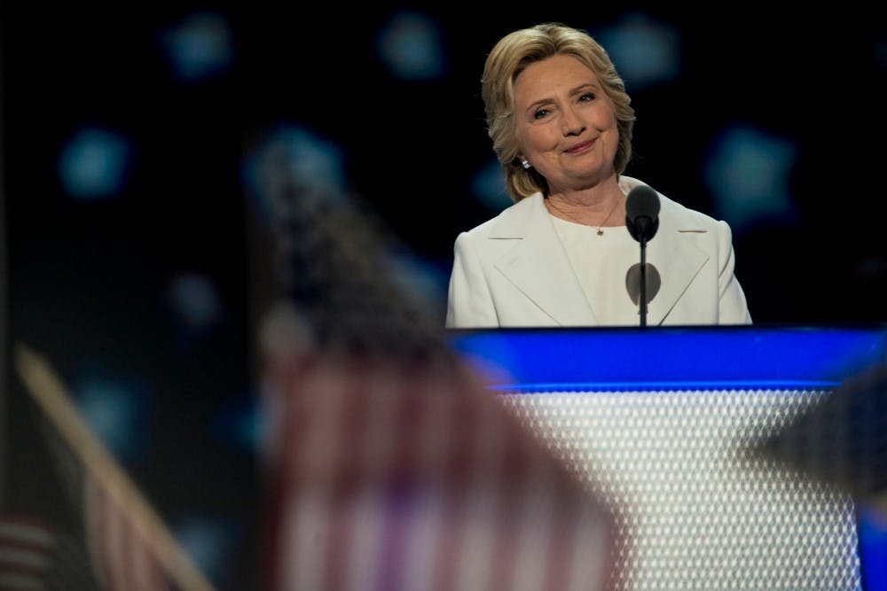 Democratic Presidential Candidate Hillary Clinton addresses the crowed during her acceptance speech on the final day of the Democratic National Convention on July 28, 2016 at Wells Fargo Center in Philadelphia.  Clinton became the first woman to accept the nomination of a major party for the presidential election. 