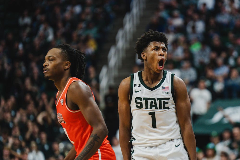 <p>MSU sophomore guard Jeremy Fears (1) celebrates a three point score against Bowling Green at the Breslin center on Nov. 16, 2024</p>