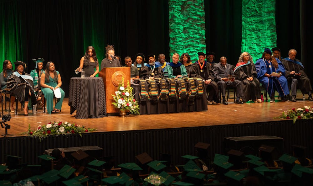 A Michigan State student speaks during the Black Graduation ceremony at the Wharton Center on April 21, 2024.