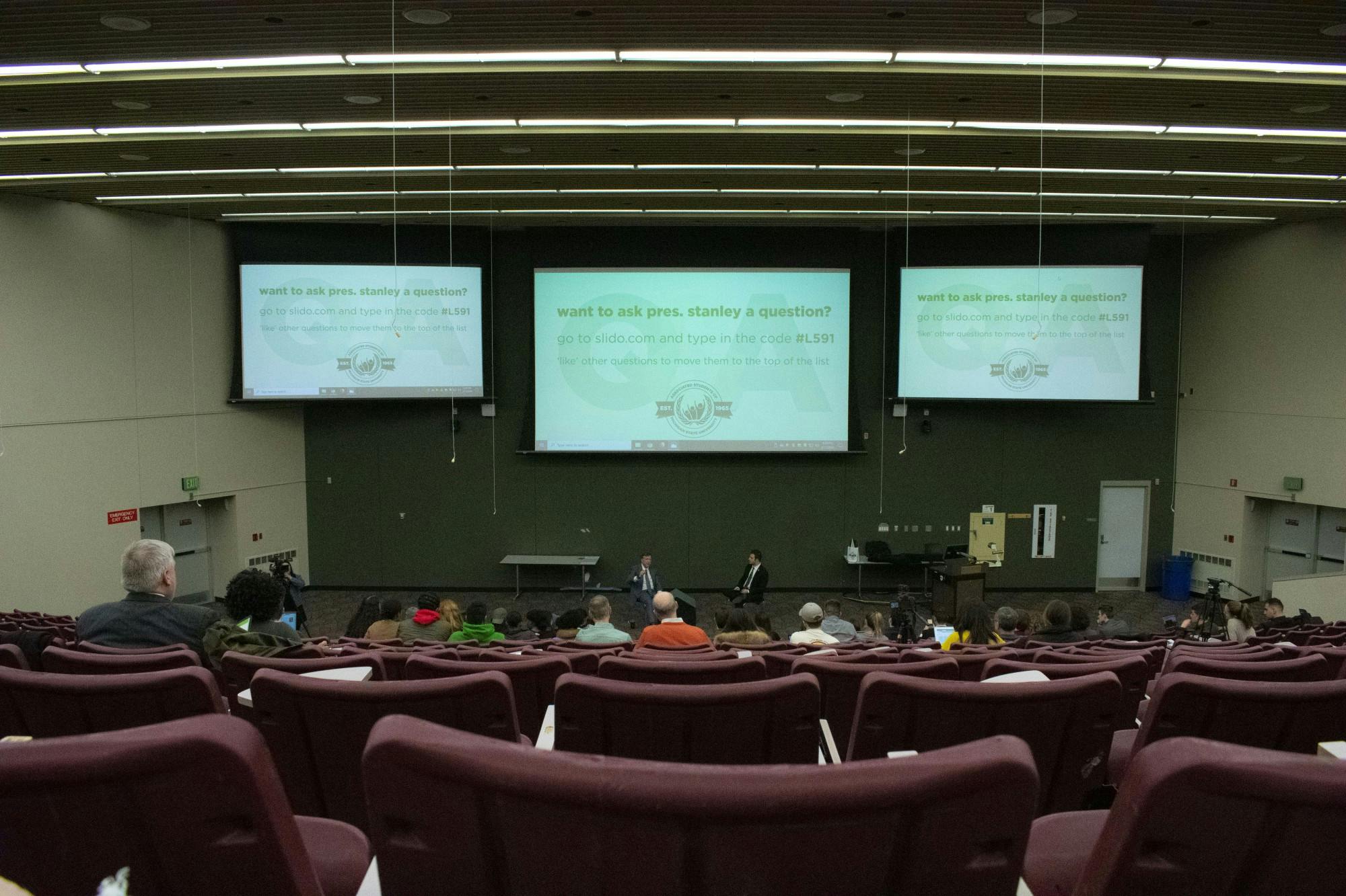 <p>Students gathered to ask President Stanley questions about university related topics during the Ask Stanley Q&amp;A hosted in the Business College Complex on Feb. 18, 2020.</p>