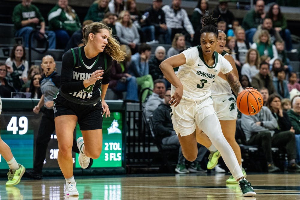 <p>Michigan State University senior guard Gabby Elliott (3) making way across the court for the game against Wright State University at the Breslin Center on Nov. 12, 2023. </p>