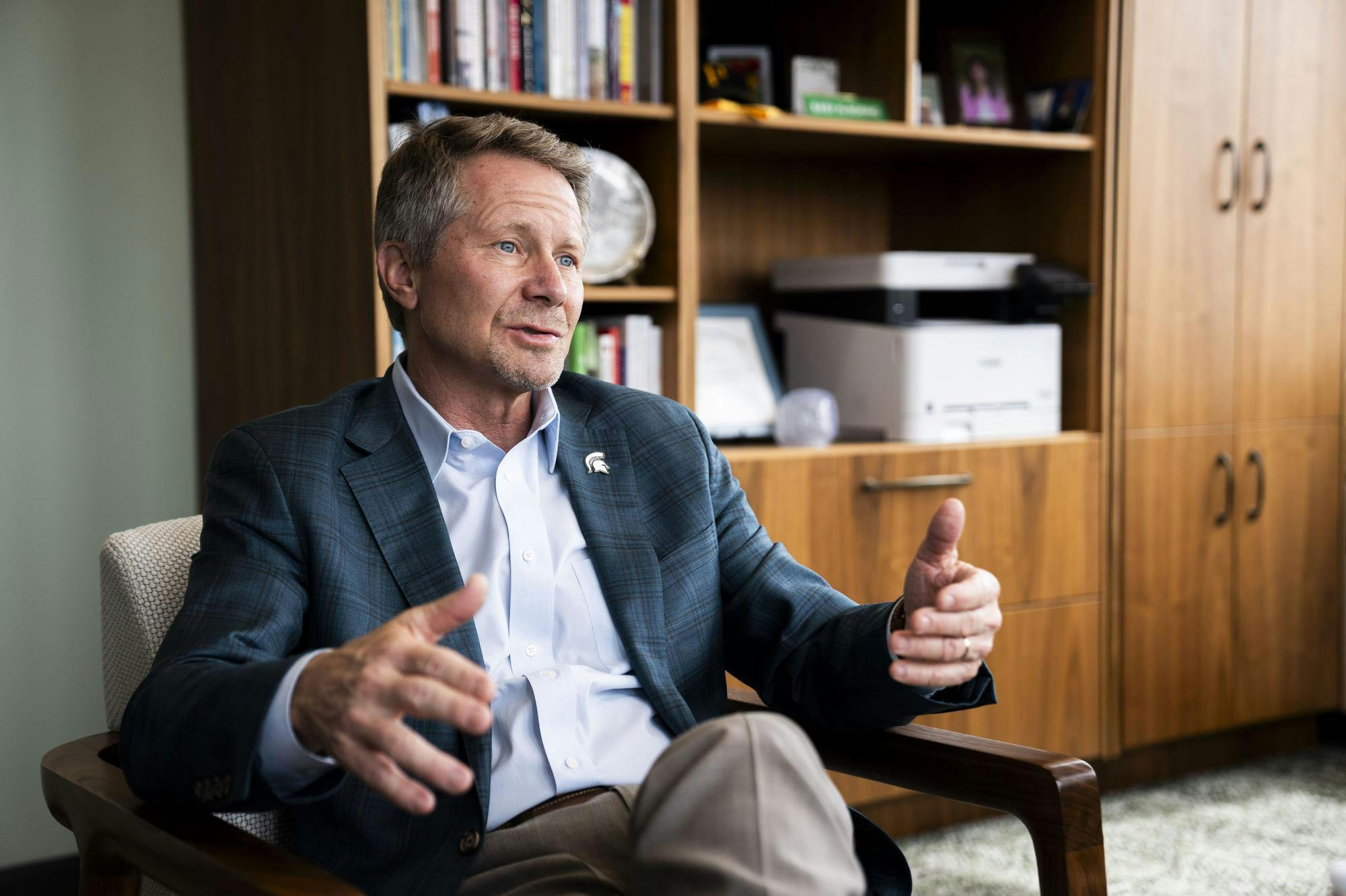 MSU president Kevin Guskiewicz in his office at the Hannah Administration Building on April 25, 2025. 