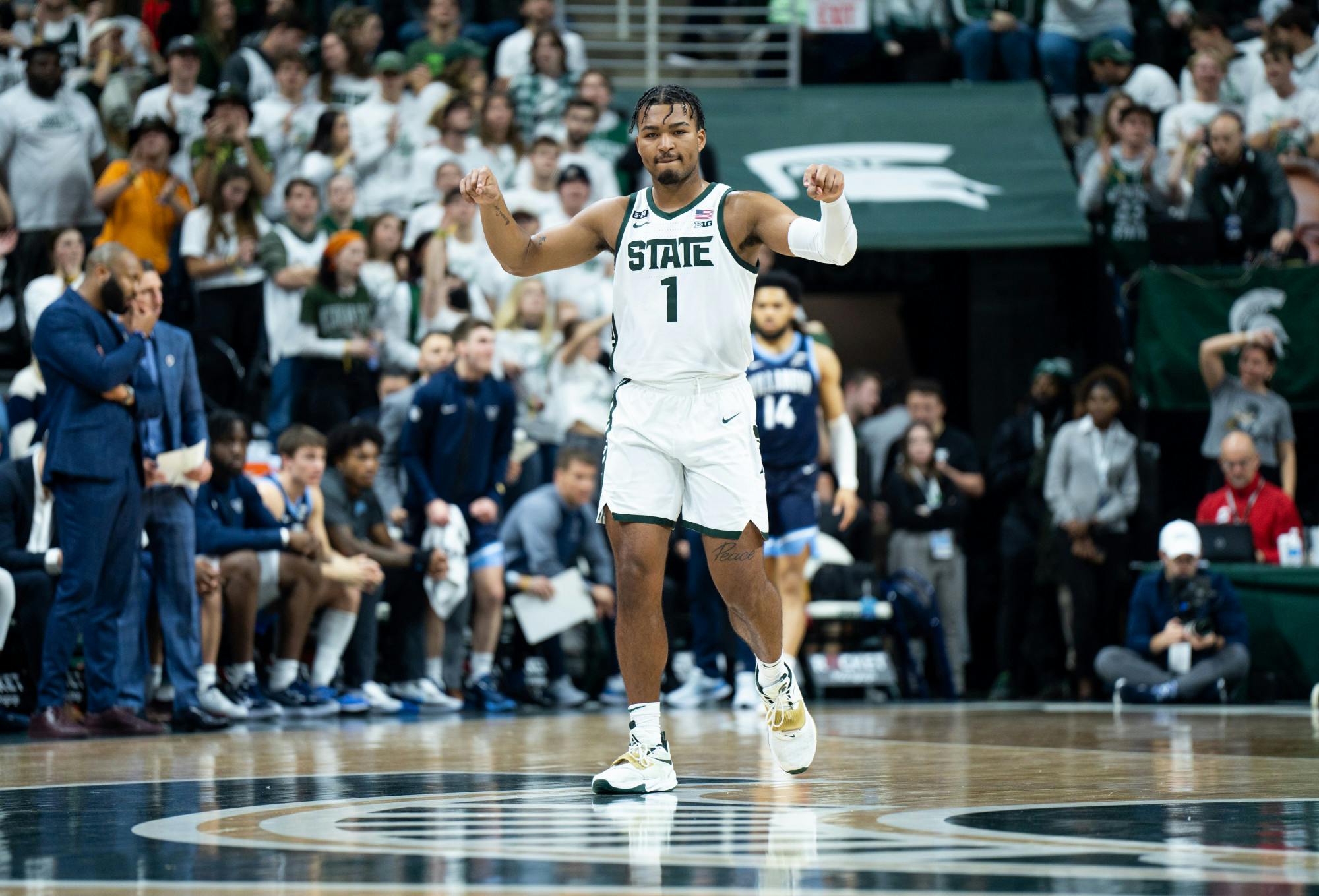 <p>Sophomore guard Pierre Brooks (1) hypes up the crowd during the game against Villanova at the Breslin Center on Nov. 18, 2022. The Spartans defeated the Wildcats 73-71. </p>