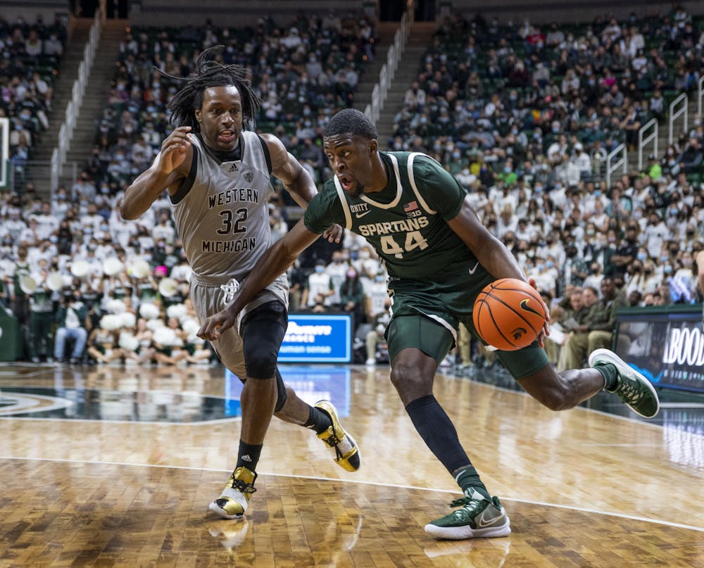 <p>Senior forward Gabe Brown (44) makes his way to the basket in the Spartan’s match against the Western Michigan Broncos at the Breslin Center on Friday, Nov. 12, 2021. </p>