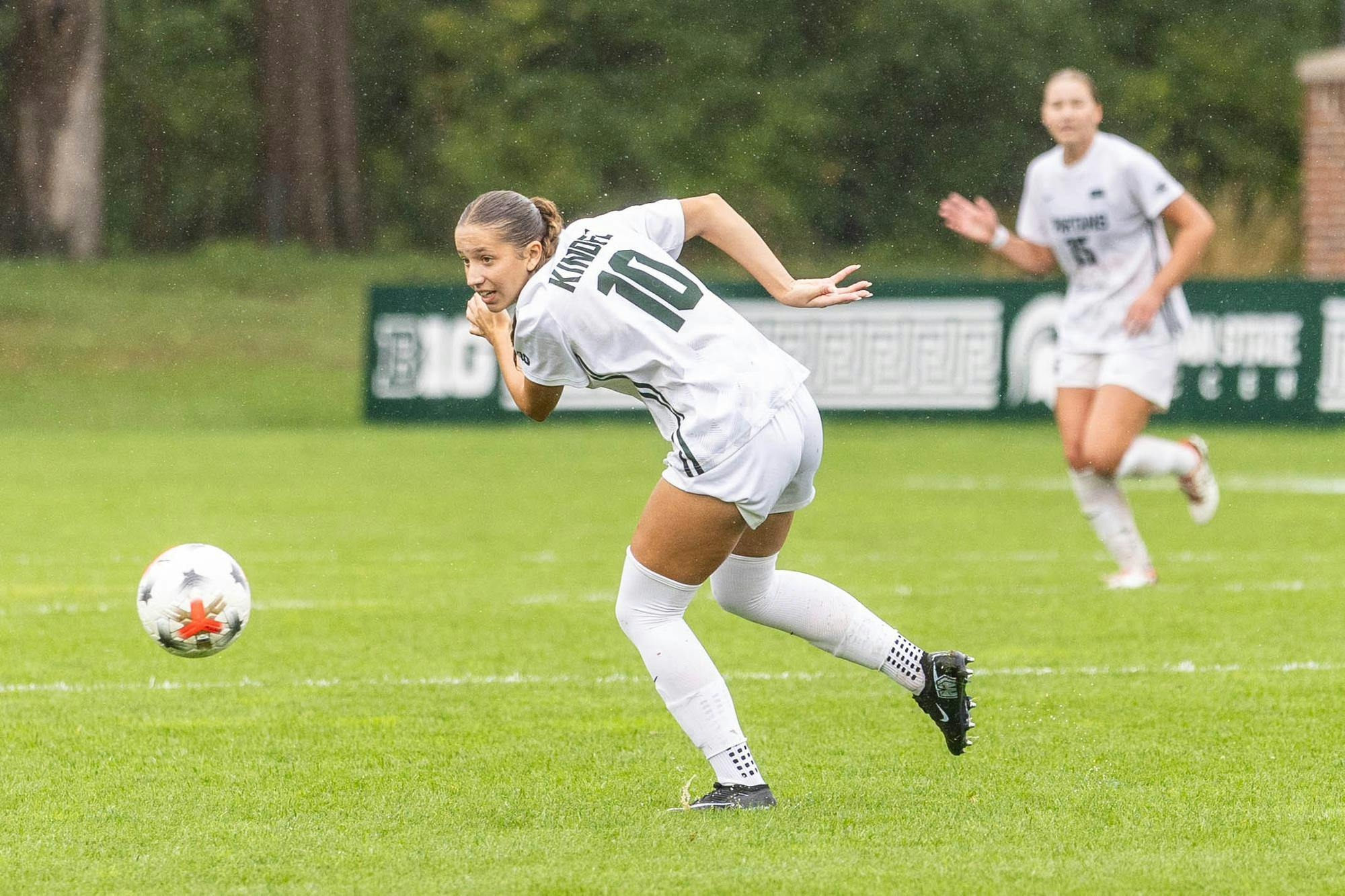 <p>Michigan State freshman midfielder Lacey Kindel (10) quickly pivots to chase after an over-shot pass as Michigan's offense races in at DeMartin Stadium in East Lansing, Mich., on Sept. 20, 2026.</p>