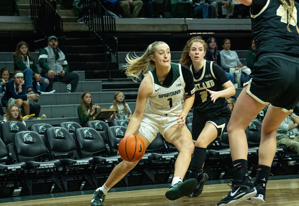 <p>Senior guard Tory Ozment (1) dribbles the ball at the game against Oakland at the Breslin Center on Nov. 15, 2022. The Spartans defeated the Grizzlies 85-39. ﻿</p>