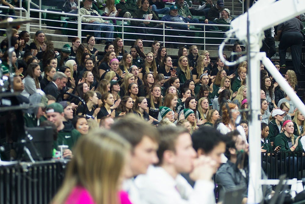 <p>MSU women's varsity athletic teams celebrate National Girls and Women in Sports Day in the stands on Feb 5. 2015, during the game against Michigan at Breslin Center. The Spartans were defeated by the Wolverines, 72-59. Kennedy Thatch/The State News</p>
