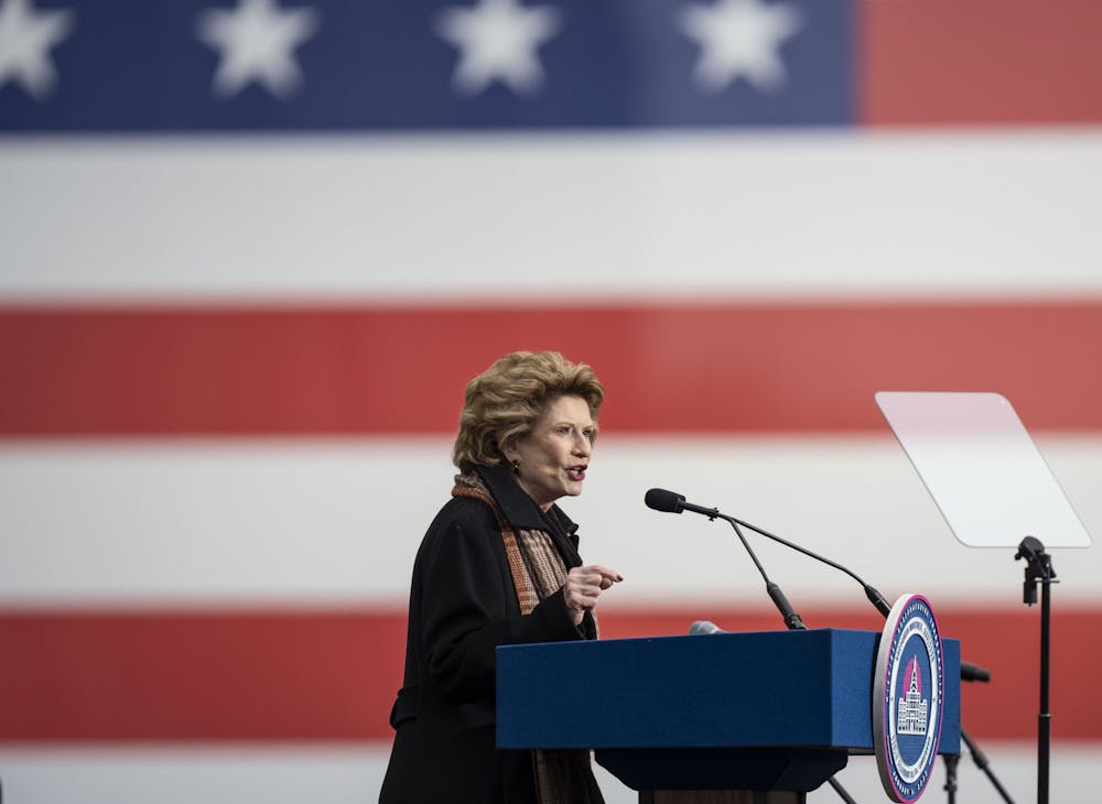 <p>Sen. Debbie Stabenow addresses the crowd during the 2023 Gubernatorial Inauguration on Sunday, Jan. 1, 2023, at the Michigan State Capitol.</p>