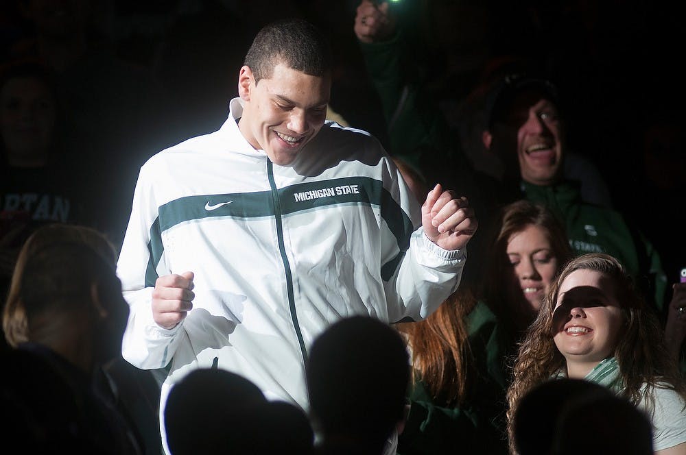 	<p>Freshman forward Gavin Schilling is introduced to the crowd Oct. 18, 2013, during Midnight Madness at Breslin Center. The Breslin Center was packed for the free event. Julia Nagy/The State News</p>