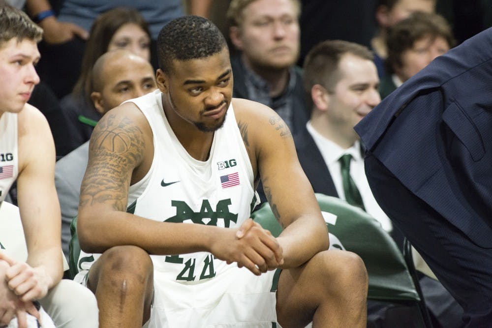 Freshman forward Nick Ward (44) reacts to a call during the second half of men's basketball game against the University of Wisconsin on Feb. 26, 2017 at Breslin Center. The Spartans defeated the Badgers, 84-74.