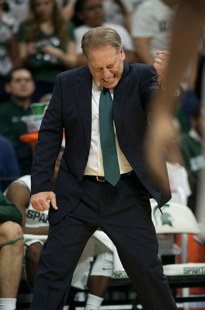 <p>Head coach Tom Izzo reacts to a call Mar. 4, 2015, during the game against Purdue at Breslin Center. The Spartans defeated the Boilermakers, 72-66. Emily Nagle/The State News</p>