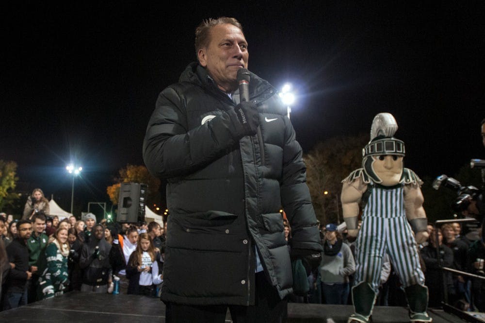 Men's basketball head coach Tom Izzo addresses the crowd during the Izzone Campout on Oct. 21, 2016 at Munn Field. The campout is an annual event where students stay up through the night in hopes of getting lower bowl seating for the upcoming basketball season. 