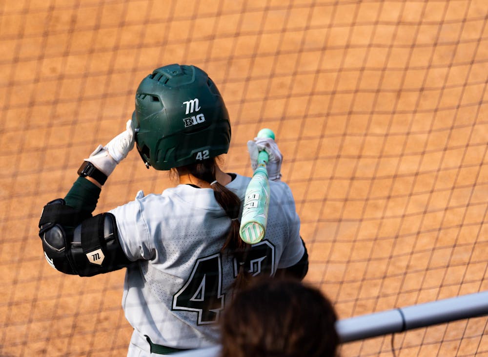 MSU Senior Hannah Hawley preparing to bat during the MSU V Nebraska Softball game at Secchia Stadium in East Lansing, on March 20 2026.