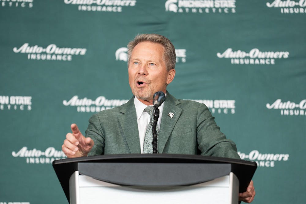 <p>President Kevin Guskiewicz speaks at a press conference introducing Michigan State University's new vice president and athletic director, Dan Bartholomae, at the Breslin Center in East Lansing, Mich., on Aug. 19, 2026.</p>